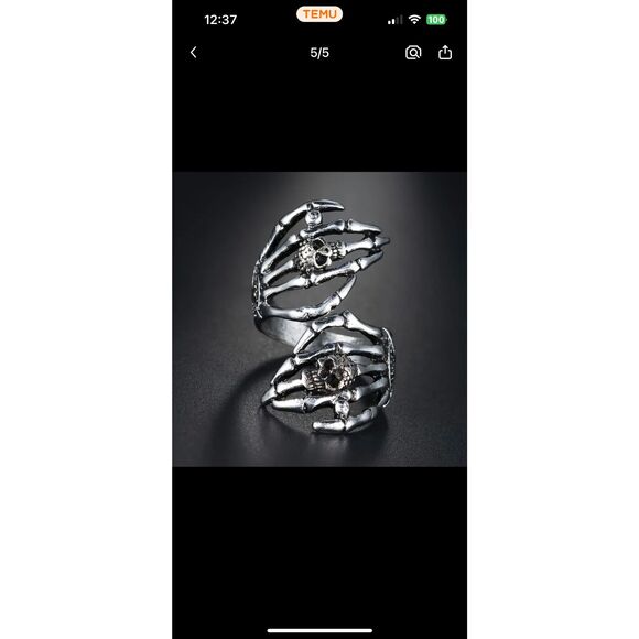 NWT Silver Double Skeleton Hand Skull Adjustable Hug Wrap Ring - Picture 5 of 5